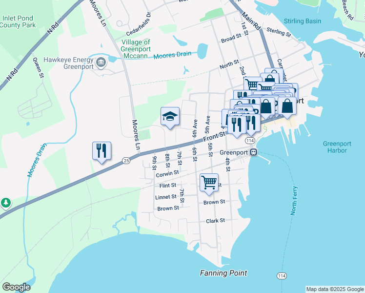 map of restaurants, bars, coffee shops, grocery stores, and more near 515 7th Street in Greenport