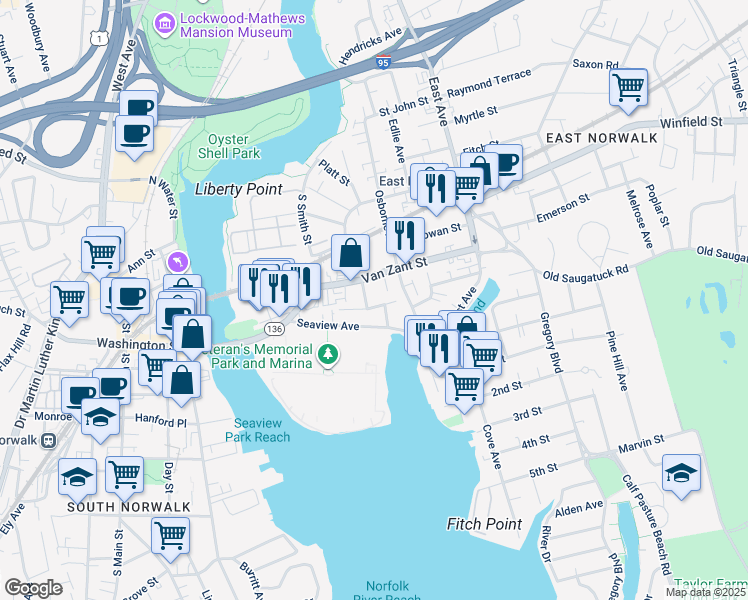 map of restaurants, bars, coffee shops, grocery stores, and more near 20 Betts Place in Norwalk