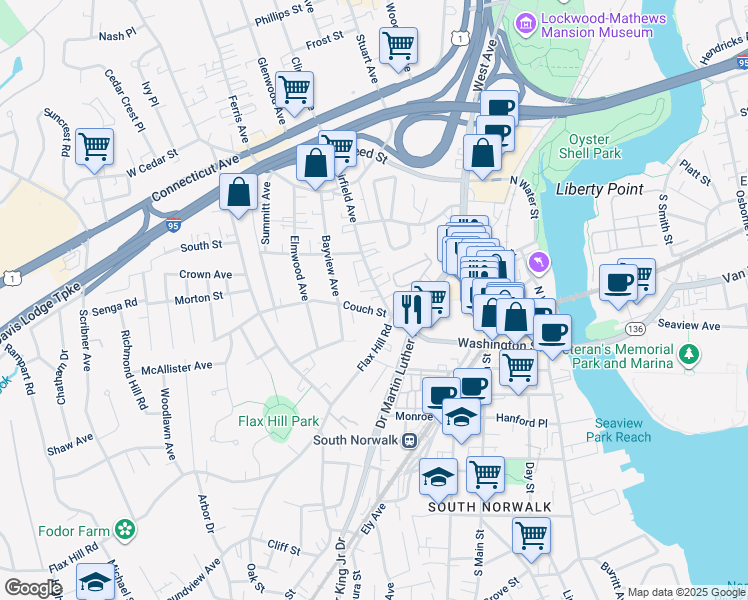 map of restaurants, bars, coffee shops, grocery stores, and more near in Norwalk