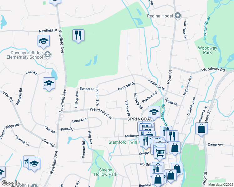 map of restaurants, bars, coffee shops, grocery stores, and more near 74 Muriel Drive in Stamford