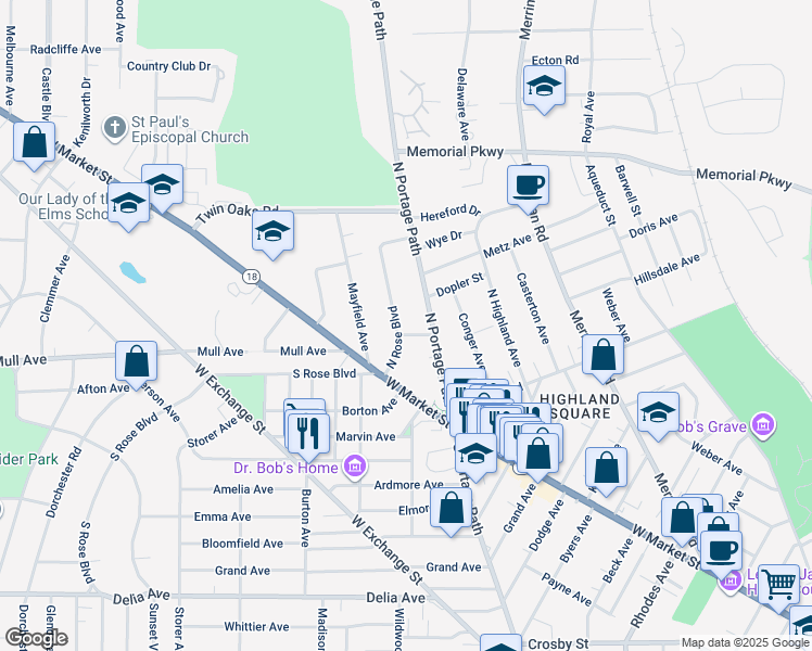 map of restaurants, bars, coffee shops, grocery stores, and more near 43 North Rose Boulevard in Akron