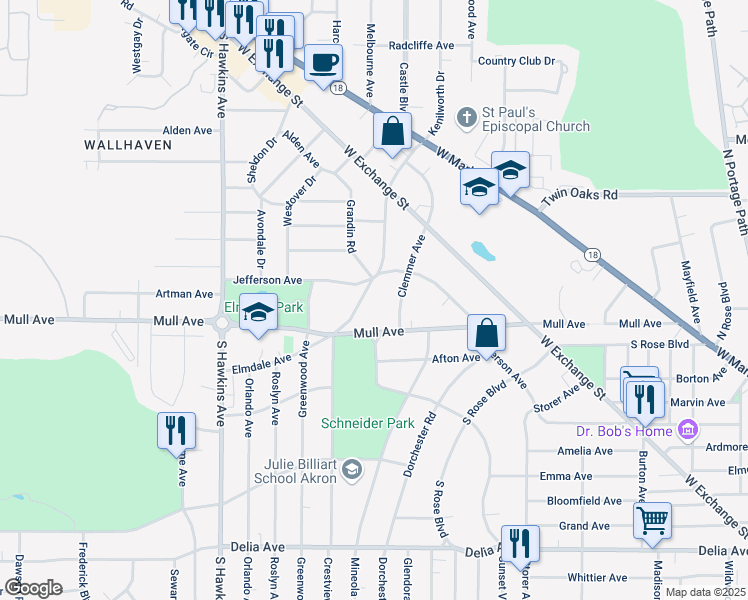 map of restaurants, bars, coffee shops, grocery stores, and more near 222 Clemmer Avenue in Akron