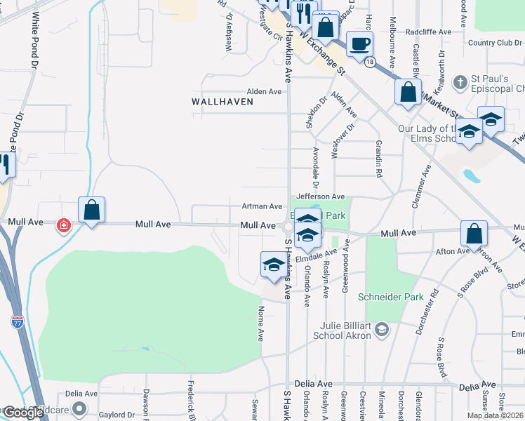 map of restaurants, bars, coffee shops, grocery stores, and more near 611 Mull Avenue in Akron