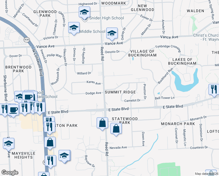 map of restaurants, bars, coffee shops, grocery stores, and more near 4828 Eastwick Drive in Fort Wayne