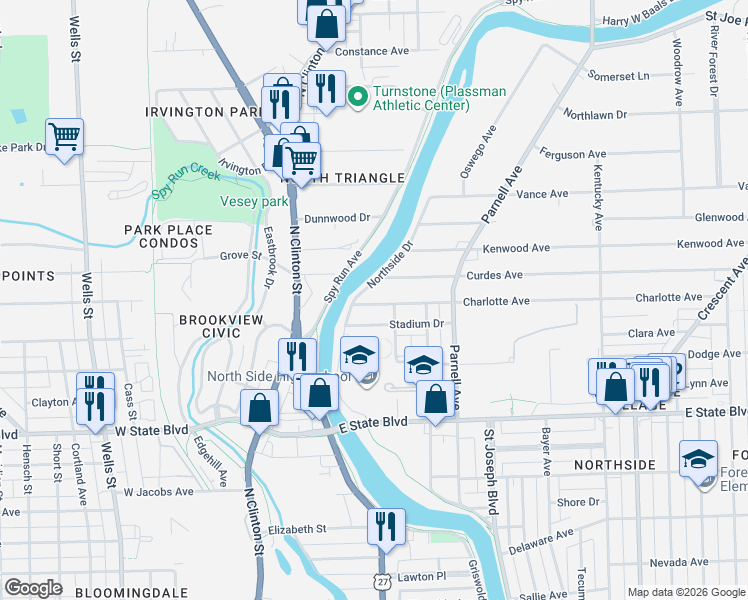 map of restaurants, bars, coffee shops, grocery stores, and more near 470 Charlotte Avenue in Fort Wayne