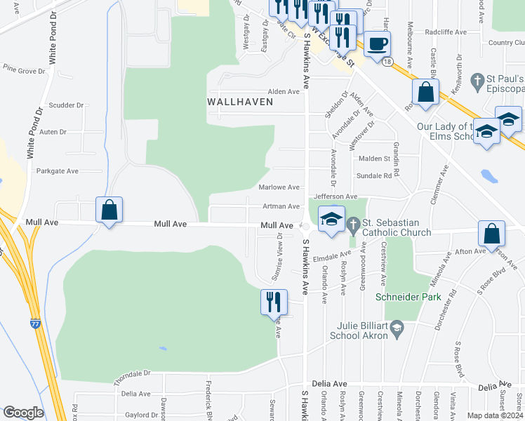 map of restaurants, bars, coffee shops, grocery stores, and more near 1560 Artman Avenue in Akron