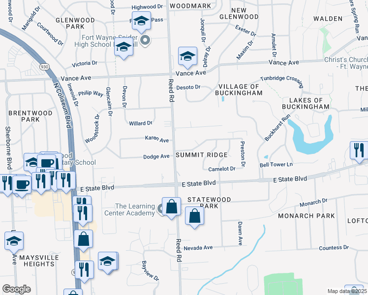 map of restaurants, bars, coffee shops, grocery stores, and more near 4828 Eastwick Drive in Fort Wayne