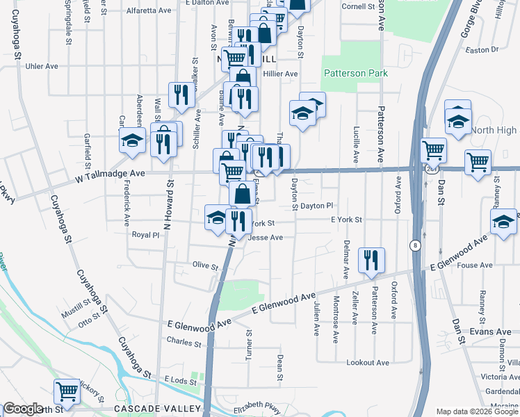 map of restaurants, bars, coffee shops, grocery stores, and more near 555 Elma Street in Akron