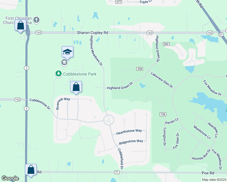 map of restaurants, bars, coffee shops, grocery stores, and more near 6391 Highland Green Drive in Medina