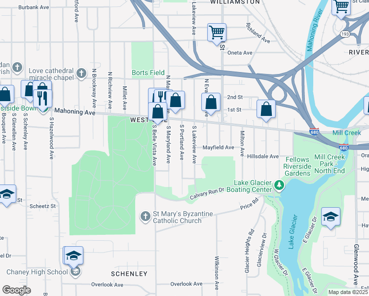 map of restaurants, bars, coffee shops, grocery stores, and more near 93 South Portland Avenue in Youngstown