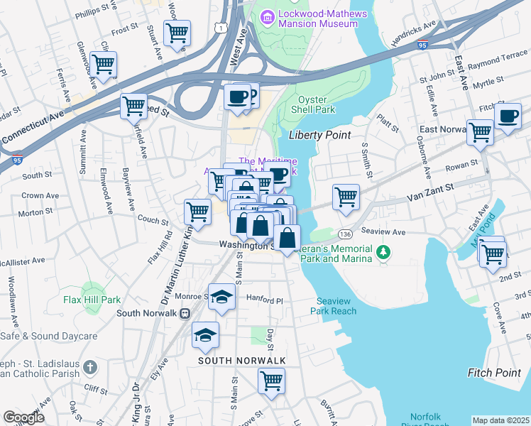map of restaurants, bars, coffee shops, grocery stores, and more near 20 North Water Street in Norwalk