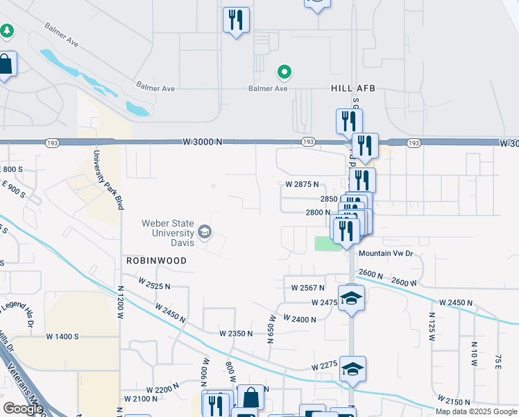 map of restaurants, bars, coffee shops, grocery stores, and more near 2860 West Manor Crest Lane in Layton