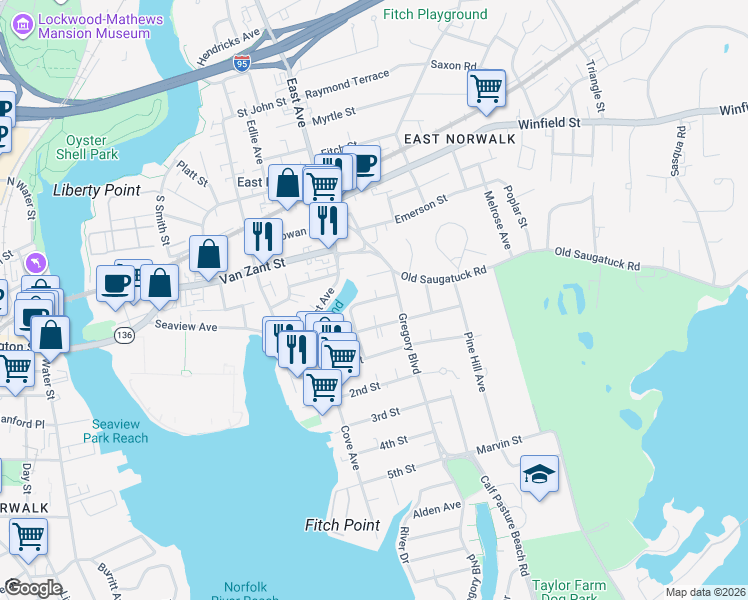 map of restaurants, bars, coffee shops, grocery stores, and more near Branford Street in Norwalk