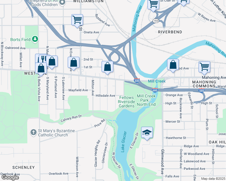 map of restaurants, bars, coffee shops, grocery stores, and more near 42 South Whitney Avenue in Youngstown