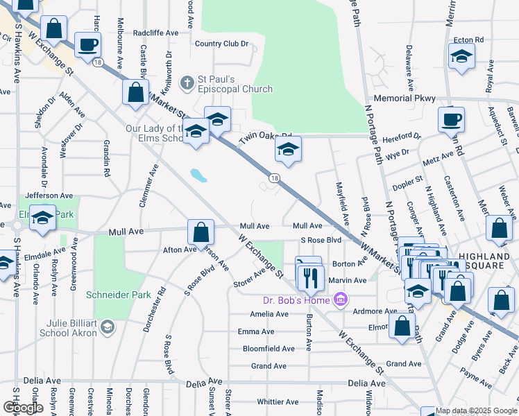 map of restaurants, bars, coffee shops, grocery stores, and more near 1150 West Market Street in Akron