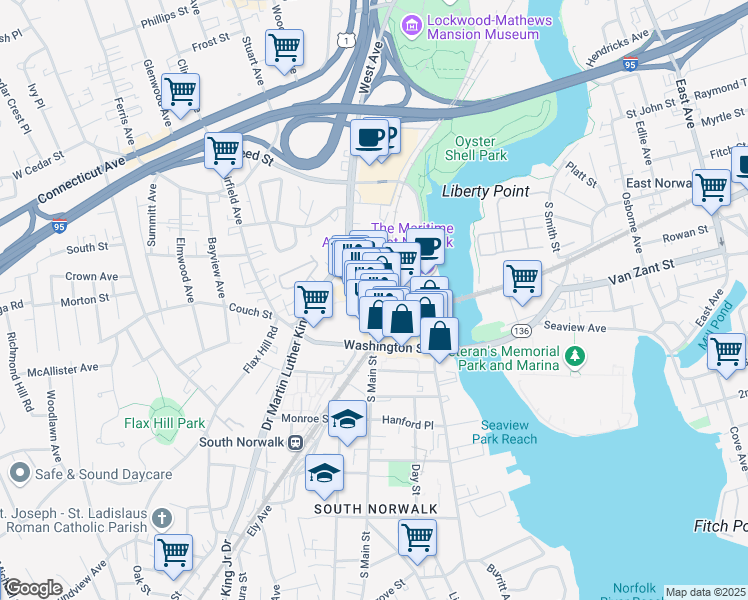 map of restaurants, bars, coffee shops, grocery stores, and more near 44 North Main Street in Norwalk
