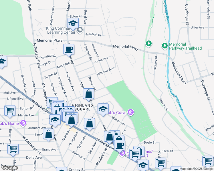 map of restaurants, bars, coffee shops, grocery stores, and more near 372 Aqueduct Street in Akron