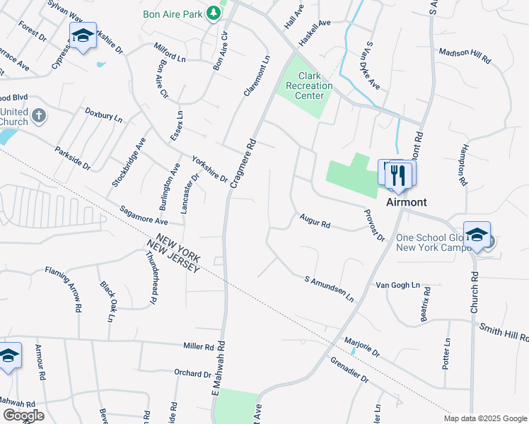 map of restaurants, bars, coffee shops, grocery stores, and more near 3 North Amundsen Lane in Suffern