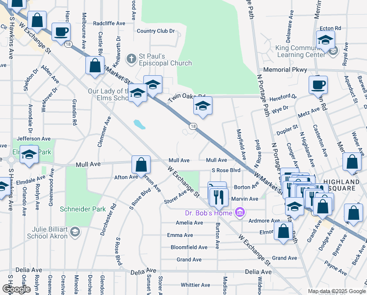 map of restaurants, bars, coffee shops, grocery stores, and more near 1150 West Market Street in Akron