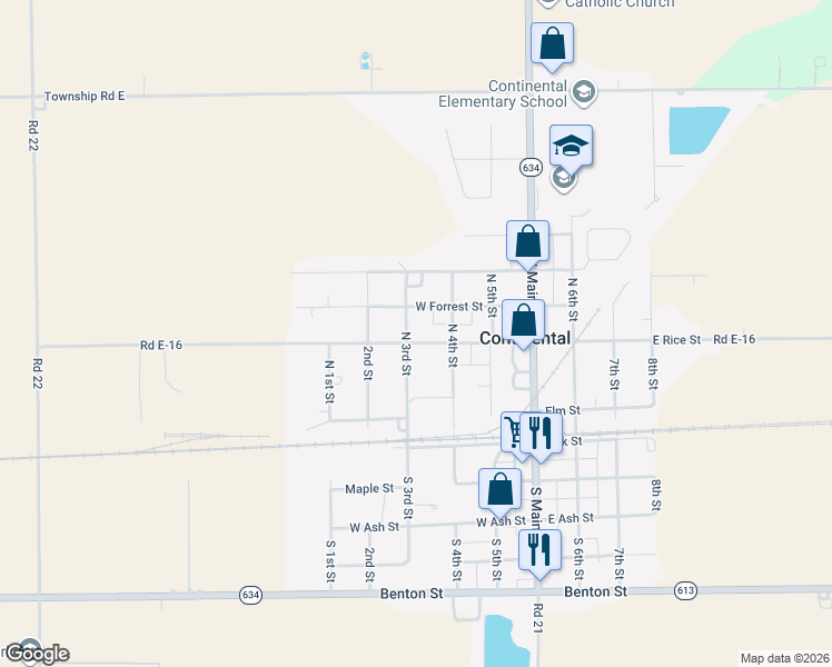map of restaurants, bars, coffee shops, grocery stores, and more near 305 West Rice Street in Continental