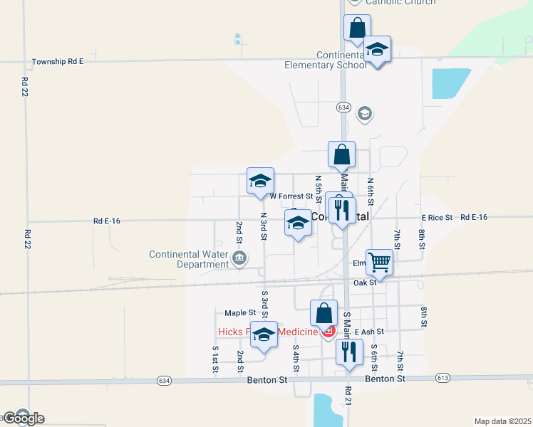 map of restaurants, bars, coffee shops, grocery stores, and more near 305 West Rice Street in Continental