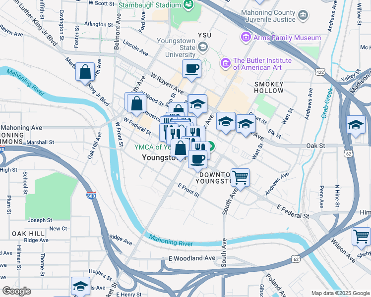 map of restaurants, bars, coffee shops, grocery stores, and more near 6 West Federal Street in Youngstown