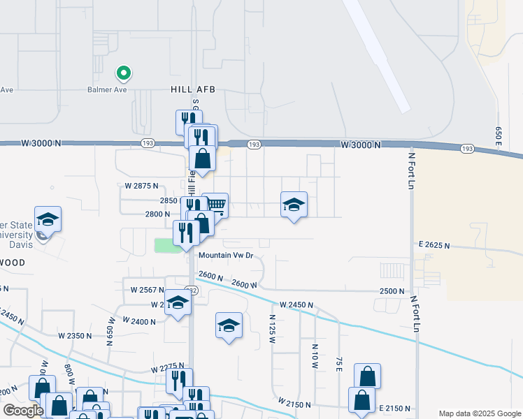 map of restaurants, bars, coffee shops, grocery stores, and more near 47 Darlington Way in Layton