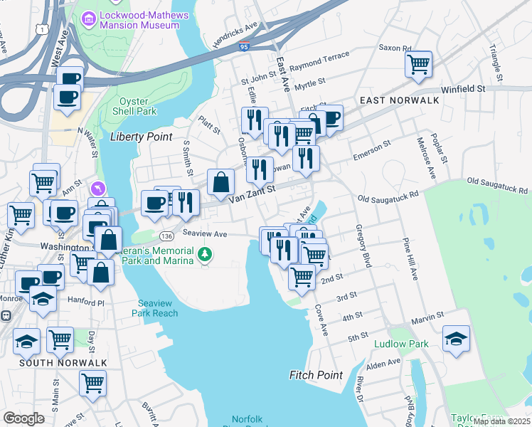 map of restaurants, bars, coffee shops, grocery stores, and more near 6 Betts Place in Norwalk