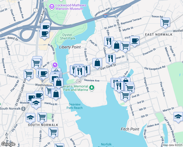 map of restaurants, bars, coffee shops, grocery stores, and more near 25 Seaview Avenue in Norwalk