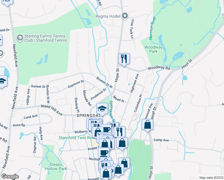 map of restaurants, bars, coffee shops, grocery stores, and more near 10 Mead Street in Stamford