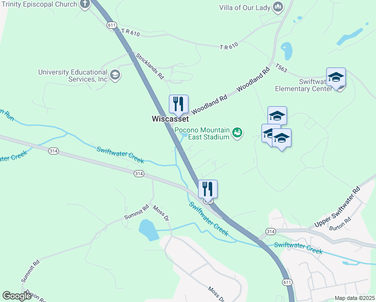 map of restaurants, bars, coffee shops, grocery stores, and more near 1040 Brushy Mountain Road in East Stroudsburg
