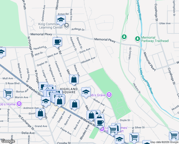 map of restaurants, bars, coffee shops, grocery stores, and more near 372 Aqueduct Street in Akron