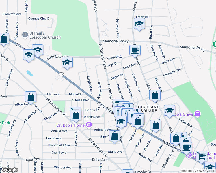 map of restaurants, bars, coffee shops, grocery stores, and more near 95 North Portage Path in Akron