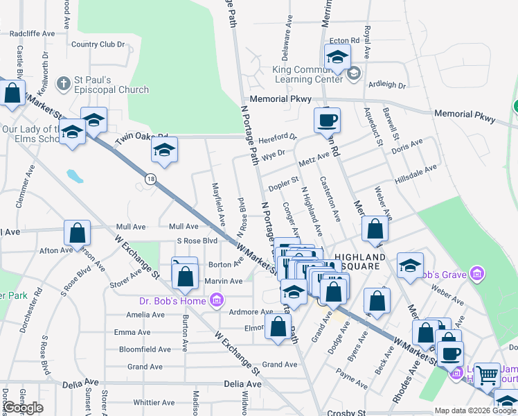 map of restaurants, bars, coffee shops, grocery stores, and more near 95 North Portage Path in Akron