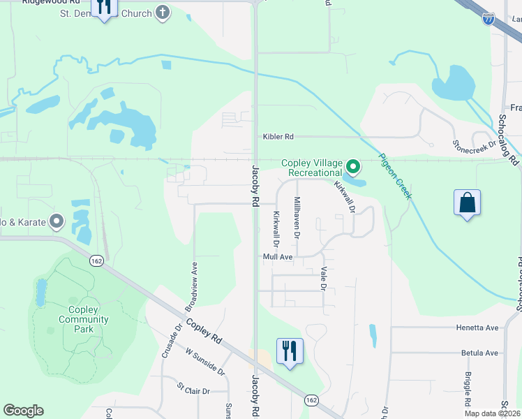 map of restaurants, bars, coffee shops, grocery stores, and more near 1184 Jacoby Road in Akron