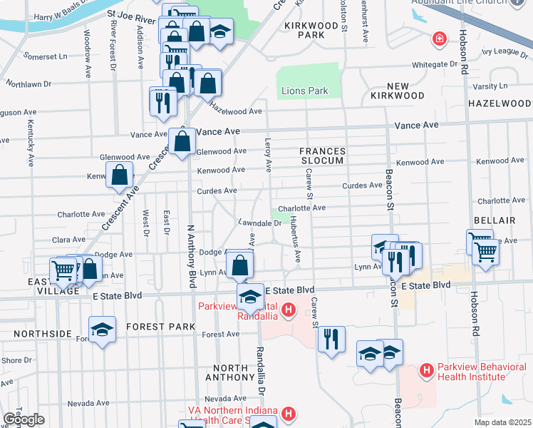 map of restaurants, bars, coffee shops, grocery stores, and more near 2108 Lawndale Drive in Fort Wayne
