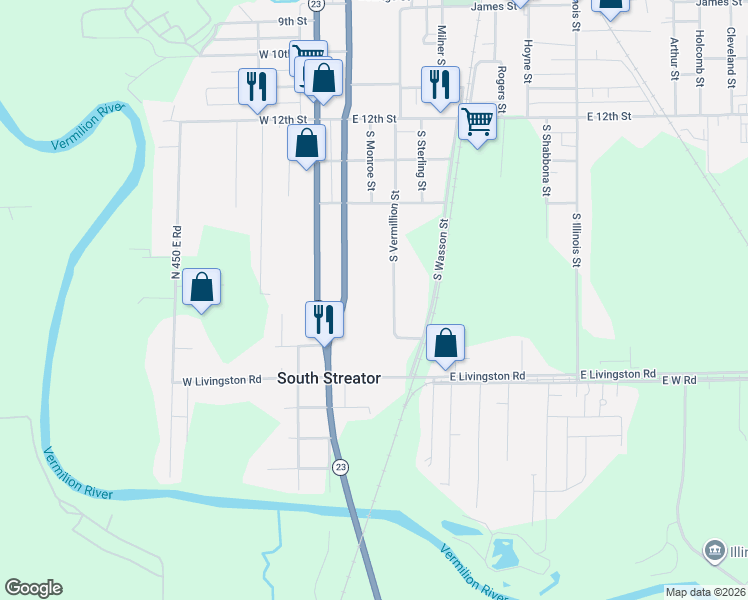 map of restaurants, bars, coffee shops, grocery stores, and more near 1616 South Vermillion Street in Streator