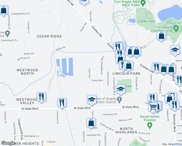 map of restaurants, bars, coffee shops, grocery stores, and more near 2724 Tyler Avenue in Fort Wayne
