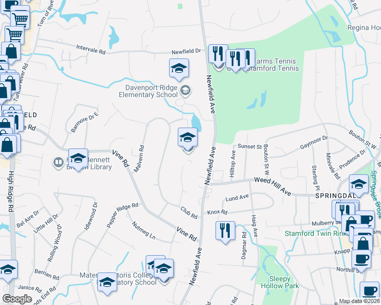 map of restaurants, bars, coffee shops, grocery stores, and more near 1186 Newfield Avenue in Stamford
