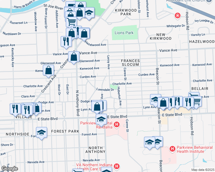 map of restaurants, bars, coffee shops, grocery stores, and more near 2108 Lawndale Drive in Fort Wayne