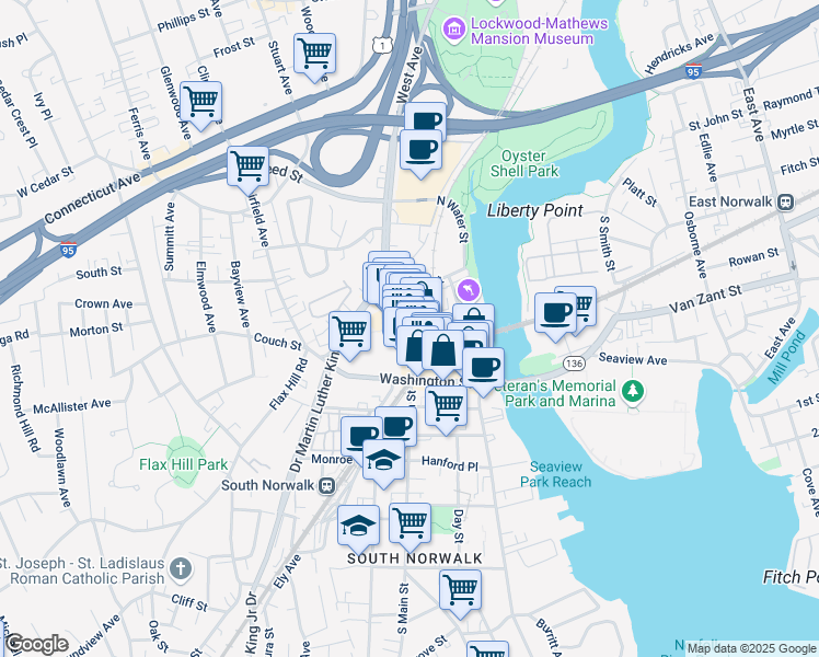 map of restaurants, bars, coffee shops, grocery stores, and more near 44 North Main Street in Norwalk
