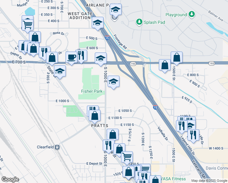 map of restaurants, bars, coffee shops, grocery stores, and more near 931 South 1000 East in Clearfield