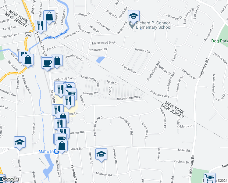 map of restaurants, bars, coffee shops, grocery stores, and more near 2239 Margaret Court in Mahwah