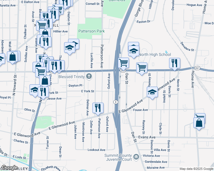 map of restaurants, bars, coffee shops, grocery stores, and more near 399 East York Street in Akron