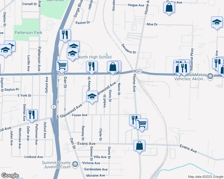 map of restaurants, bars, coffee shops, grocery stores, and more near 949 Davis Street in Akron