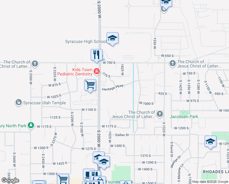 map of restaurants, bars, coffee shops, grocery stores, and more near 912 South 1875 West in Syracuse