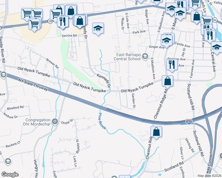 map of restaurants, bars, coffee shops, grocery stores, and more near 174 Old Nyack Turnpike in Spring Valley