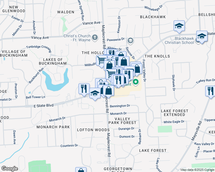 map of restaurants, bars, coffee shops, grocery stores, and more near 2599 Maplecrest Road in Fort Wayne