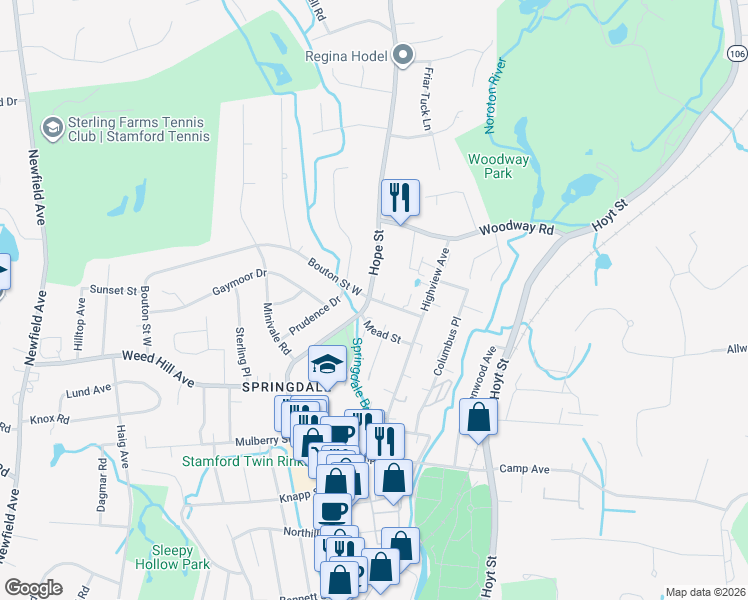 map of restaurants, bars, coffee shops, grocery stores, and more near 6 Bouton Street in Stamford