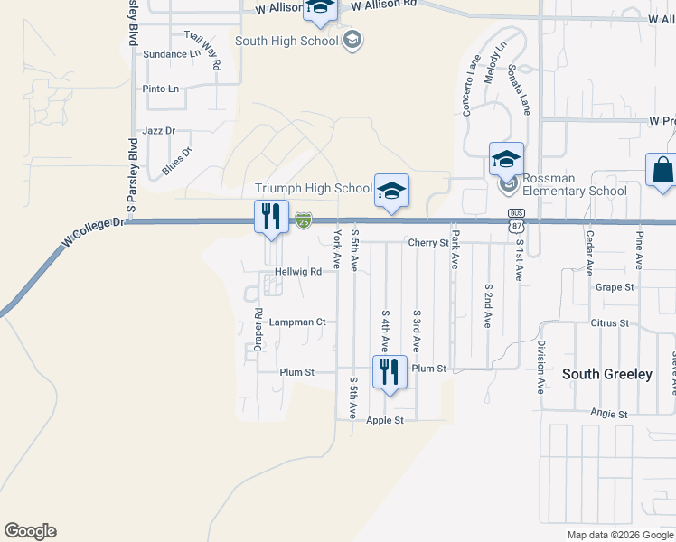 map of restaurants, bars, coffee shops, grocery stores, and more near 1400 Hellwig Road in Cheyenne